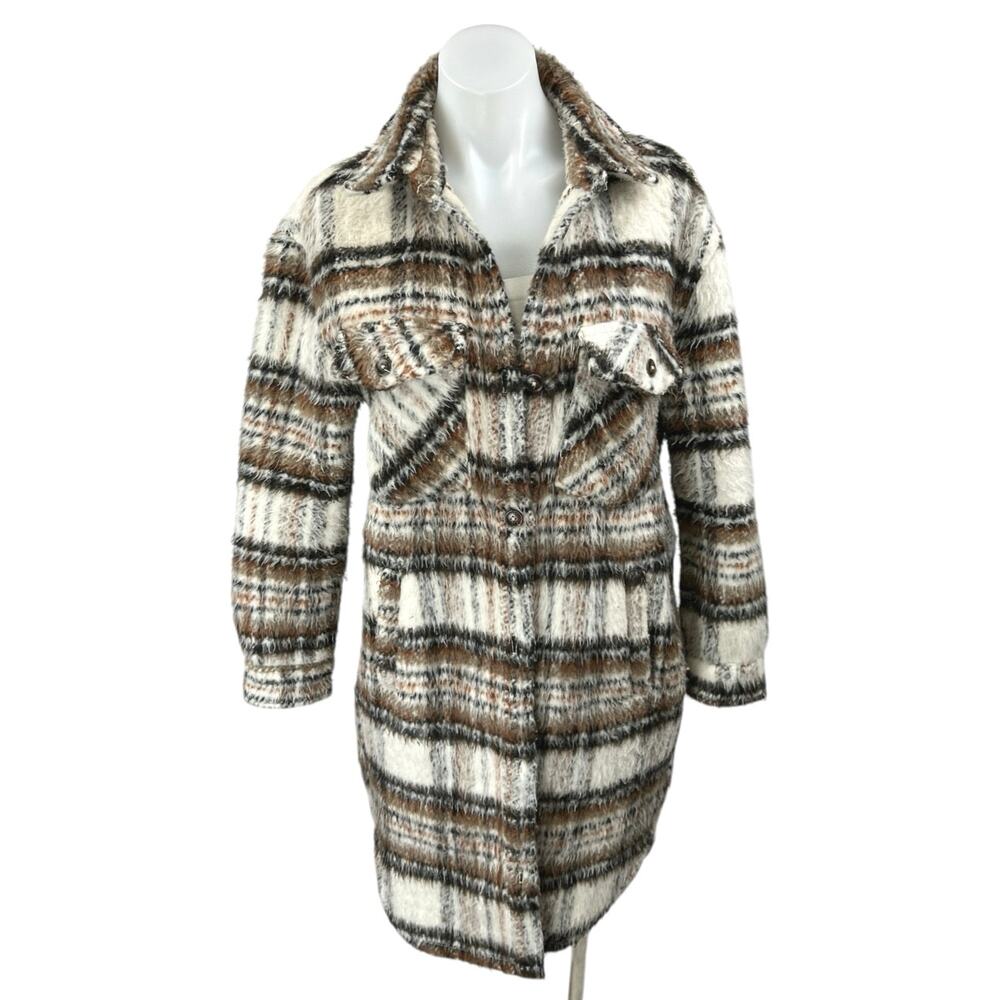 BlankNYC Brown Faux Fur Plaid Checkered Long Sleeve Button Coat Sweater Jacket M